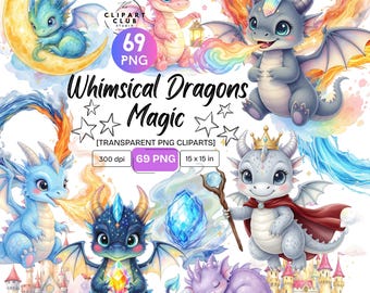Whimsical Dragon Magic Clipart PNG Set | Premium Clipart | Cute characters Clipart | Playful Clipart | Whimsical Clipart | Commercial Use