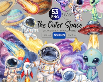 Outer Space Clipart PNG Set | Cute characters Clipart | Astronauts | Playful Clipart | Whimsical Clipart | Premium Clipart | Commercial Use