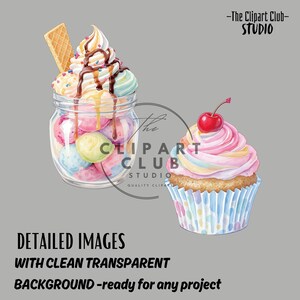 May include: Watercolor illustration of a jar filled with colorful ice cream scoops, topped with whipped cream, chocolate sauce, and a wafer. A cupcake with pink frosting and a cherry sits beside it. The image includes text.