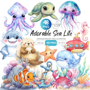 May include: A set of watercolour illustrations of cute sea creatures, such as a squid, turtle, jellyfish, shark, otter, starfish, whale, clownfish, crab, seahorse, and a red submarine. The text "Adorable Sea Lite" is displayed.