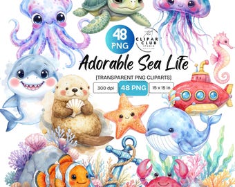 Adorable Sea life Clipart PNG Set | Cute characters Clipart | Playful Clipart | Whimsical Undersea Clipart | Premium Clipart |Commercial Use