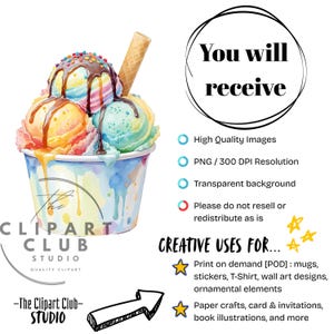 May include: Watercolor illustration of a colorful ice cream sundae with three scoops, chocolate drizzle, and a wafer cone. The sundae is in a watercolor-style cup. Text includes "You will receive" and "Creative uses for..." with a list of potential uses.