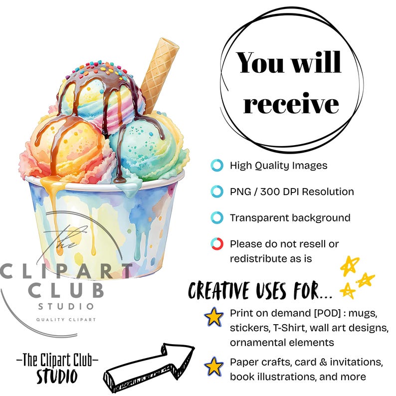 May include: Watercolor illustration of a colorful ice cream sundae with three scoops, chocolate drizzle, and a wafer cone. The sundae is in a watercolor-style cup. Text includes "You will receive" and "Creative uses for..." with a list of potential uses.