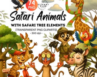 May include: A digital illustration featuring various safari animals, including a giraffe, zebra, and cheetah, with the text "Safari Animals" and "74 PNG". The animals are depicted in a cartoon style with vibrant colors and are surrounded by safari tree elements.