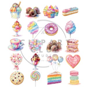 May include: Watercolor illustration of various desserts, including ice cream, cupcakes, donuts, and cookies. The image features a colorful array of sweets, such as cotton candy, lollipops, and a slice of rainbow cake. The desserts are arranged on a white background.