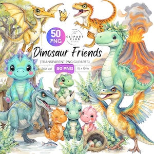 Op de afbeelding: Een verzameling kleurrijke dinosaurus clipart afbeeldingen. De illustraties bevatten verschillende dinosaurussen in tinten groen, oranje, blauw en roze. De tekst "Dinosaur Friends" en andere details zijn ook opgenomen.