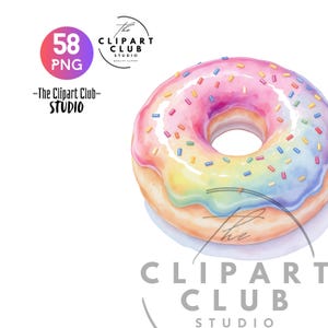 May include: A watercolor illustration of a colorful donut with rainbow frosting and sprinkles. The donut has a light brown base and a hole in the center. The text "58 PNG" is in a pink and purple circle, and the text "The Clipart Club Studio" is also present.