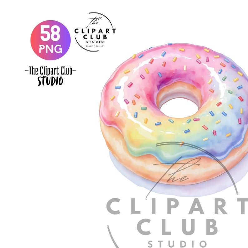 May include: A watercolor illustration of a colorful donut with rainbow frosting and sprinkles. The donut has a light brown base and a hole in the center. The text "58 PNG" is in a pink and purple circle, and the text "The Clipart Club Studio" is also present.