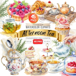 May include: A watercolour illustration of an afternoon tea set. The image includes pastries, teacups, teapots, and a tart topped with raspberries and blueberries. The image text reads "Afternoon Tea" and "45 PNG".