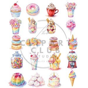 May include: Watercolor illustration of various sweets, including cupcakes, donuts, lollipops, cotton candy, and ice cream. The image features a colorful assortment of treats, perfect for a bakery or dessert-themed design.