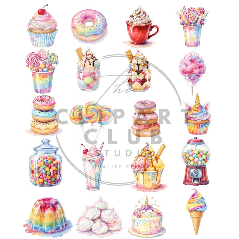 May include: Watercolor illustration of various sweets, including cupcakes, donuts, lollipops, cotton candy, and ice cream. The image features a colorful assortment of treats, perfect for a bakery or dessert-themed design.
