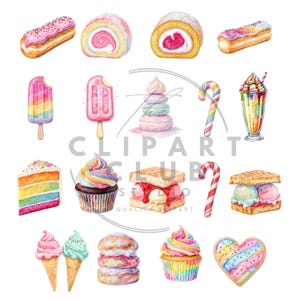 May include: Watercolor illustration of various desserts, including eclairs, cake rolls, ice pops, macarons, cupcakes, ice cream cones, and a milkshake. The desserts feature rainbow colors and candy canes, creating a whimsical and colorful theme.