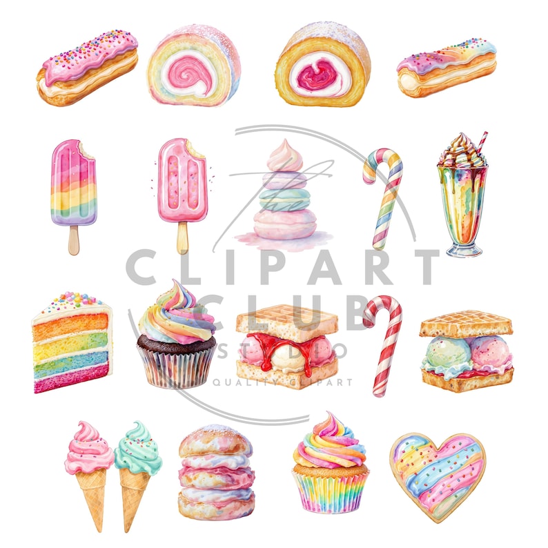 May include: Watercolor illustration of various desserts, including eclairs, cake rolls, ice pops, macarons, cupcakes, ice cream cones, and a milkshake. The desserts feature rainbow colors and candy canes, creating a whimsical and colorful theme.