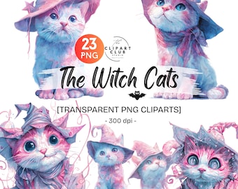 Whimsical The Cute Witch Cats PNG Set | Cute characters Whimsical Halloween Clipart | Witchy Clipart | Halloween Elements