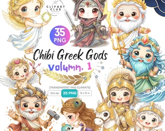 Greek God Clipart PNG Set | Cute Chibi characters Clipart | Playful Clipart | Whimsical Clipart | Premium Clipart | Commercial Use