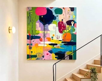 Original maximalist colorful abstract square oil painting, Customizable dimensions, Living and dining room art