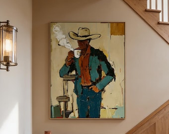 Abstract Denim Texture Oil Painting, Rectangular art, Abstract cowboy drinking coffee, Hallway art,Yellow-green oil paintinga