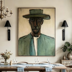 Retrato abstracto al óleo, pintura al óleo original en verde y amarillo, arte rectangular, decoración de oficina.