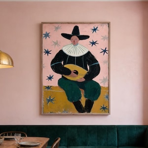 Original abstract oil painting: Playing the guitar, Blue and yellow oil painting, Rectangular art, Children's bedroom