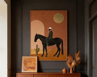 Abstract equestrian oil painting, Original orange and black painting, Original dark horse decorations, Restaurant art