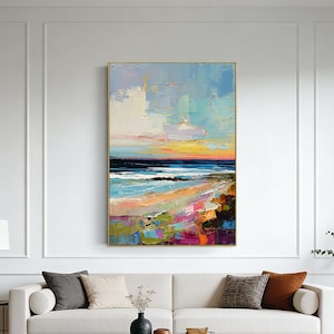 Original colored beach oil painting, Blue sky painting, Rectangular art, Multicolor decoration