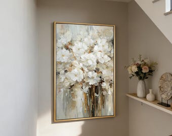 Original white flower oil painting, Room decorations, Painting art, Abstract white oil painting