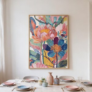 Original abstract floral painting, Vibrant botanical oil painting, Rectangular art, Restaurant decor