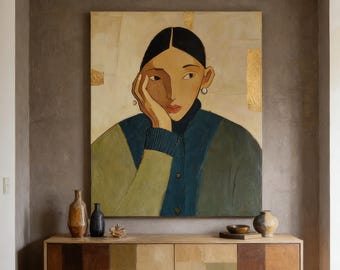 Original Oil Painting, Abstract Woman Portrait, Earth Tone Wall Arta
