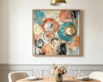 Square abstract circle canvas wall art, Teal orange black textured geometric painting, Modern dining room living room wall decor