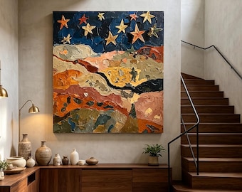 An original starry sky artwork with a textured finish, Square art, Decorative art for living and dining rooms