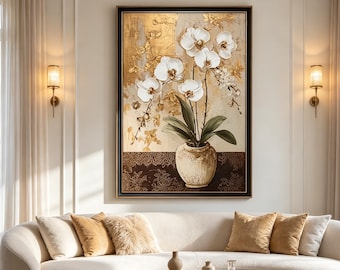 Original oil painting with gold leaf accents featuring elegant white orchids in a vase perfect for entryway decor