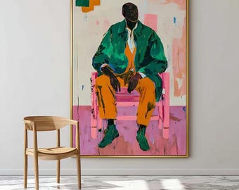 Original male portrait oil painting, People wearing fashionable items, Pink, green, and orange paintings, Rectangular art