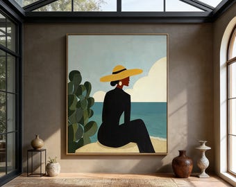 Original oil paintings by independent women, Blue green oil painting, Woman in black dress, Rectangulardecorative, Wall decoration