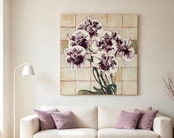 Original vintage-style orchid print oil painting，Tile-style wall art ， Living and dining room wall decor