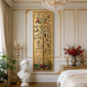 Pintura original de pájaros, obra de arte decorativa dorada, pinturas largas, arte de pared largo y estrecho, decoraciones para sala de estar