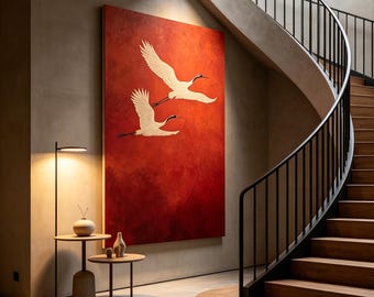 Original oil painting of a crimson crane, Art suitable for any setting, Hand-painted artwork of a crane on a red background