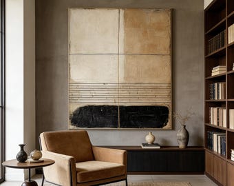 Textured black line oil painting, Off-white and beige art, Black line decoration,Hallway painting, Large size art