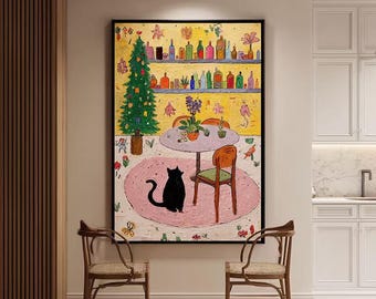 Pintura al óleo original de estilo vintage de un gato en una botella. Arte caprichoso. Regalos para amantes de los gatos.