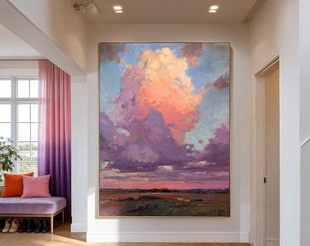 Arte original en rosa y morado, arte de paisaje natural con textura, pintura al óleo decorativa, decoración de pared rectangular