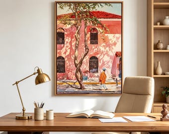 Art urbain rétro original, cadeau de pendaison de crémaillère, une peinture à l'huile représentant un bâtiment dans un style colonial rose vintage.