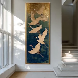 Bird painting, Vertical wall art, White crane on green background , Suitable for hallways or living rooms