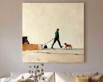 Peinture à l'huile abstraite, art de promener un chien, décoration de couloir de couleur chaude beige