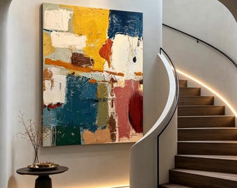 Original antique-style oil painting featuring color blocks, Square art, Office and living room art