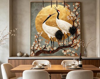 Large square oil painting of twin cranes, Restaurant specific decor, "Red-crowned cranes at sunrise" gold Leaf decorative painting