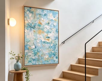 Original blue textured abstract oil painting, Coastal-style art in neutral tones, Foyer and room decor