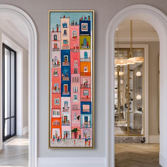 Childlike and naive art style oil paintings,  Original folk art decoration, Room decorations, Original pink and blue painting