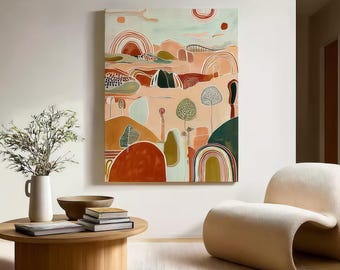 Peinture à l'huile originale de paysage de montagne abstrait de style bohème, estampe d'art abstrait pastel représentant la nature, décoration pour le salon