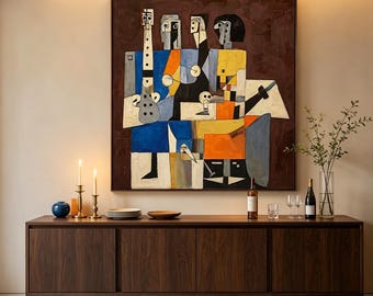 Original oil painting of a band in the cubist style of picasso, Geometric abstract musicians oil painting, Living room art