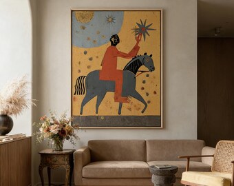 Earth-toned equestrian paintings, Blue and yellow art, Wall decorations, Vintage oil painting
