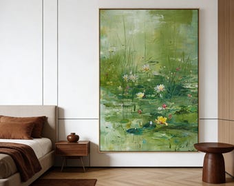 Original realistic water lily oil painting,Rectangular art, Plant decoration, Living room art
